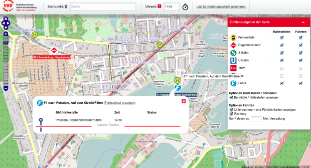 In Potsdam ist dank warmen Wetters derzeit sogar eine Fähre unterwegs. (VBB/cc-by-sa 2.0 Openstreetmap.org/Screenshot: Golem.de)